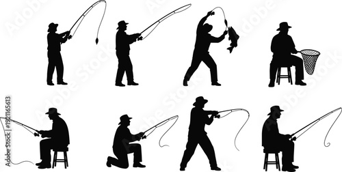 Black and white fisherman silhouette vector set showing man with fishing rod and net catching fish isolated on white background.