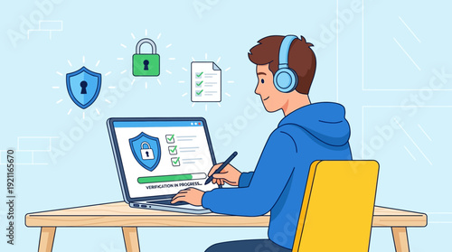 Online Identity Verification and Data Security Concept. Man Authenticating Digital Information on Laptop with Secure Access and Privacy Icons.