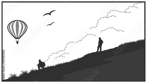 Silhouettes of people on a hill with a hot air balloon and birds in the sky.