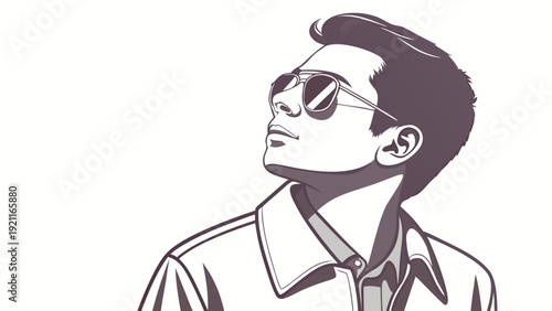 Stylish Man in Sunglasses Looking Up Minimalist Illustration.