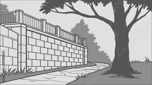 Stone Retaining Wall with Path and Tree.