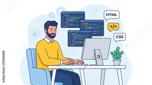 Web Developer Coding HTML CSS on Computer. Male Programmer Working on Website Development, Software Engineering, and Secure Online Projects. Flat Vector Illustration.
