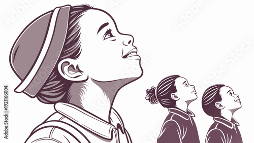 Three young girls looking up with hope and curiosity.