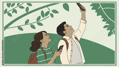 Two people using smartphones to identify plants outdoors.