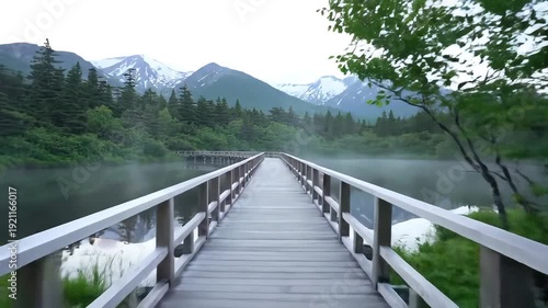 A long tranquil wooden boardwalk stretches across a misty mountain lake leading towards majestic peaks and dense evergreen forests under a soft overcast sky inviting peaceful exploration and connecti.