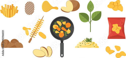 Potato food and snack illustration set with raw potatoes fries chips frying pan leaves and cooking elements for culinary packaging and food design projects
