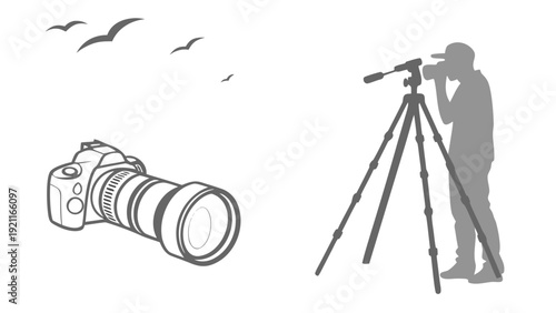 Wildlife Photographer with Camera and Birds.