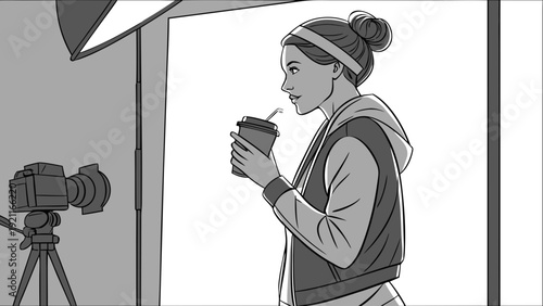 Young woman drinking from a cup during a photoshoot in a studio.