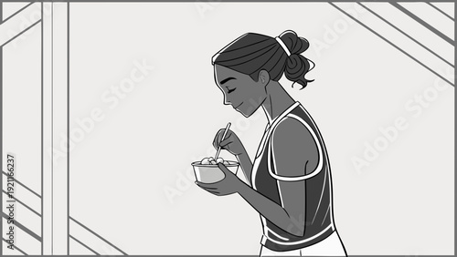 Young woman enjoying a healthy meal in a bright setting.