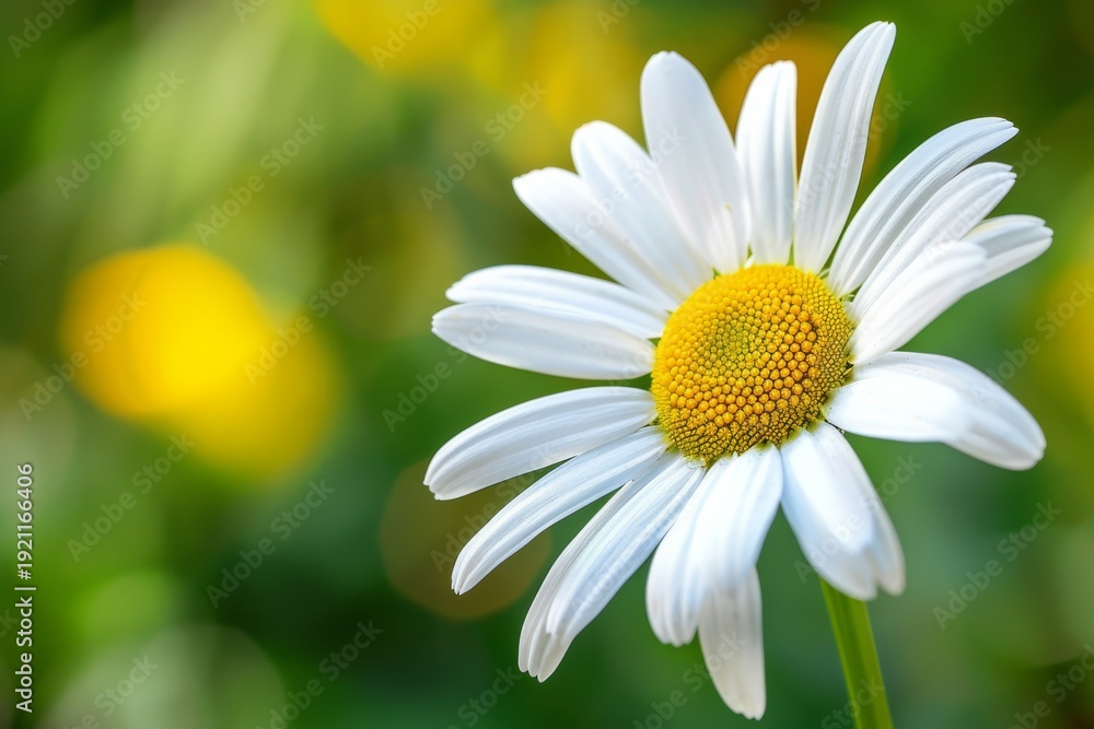 Obraz premium Close-up of wild Shasta daisy in bloom with soft green bokeh garden background. Bright natural sunlight, crisp white petals and vibrant yellow center in fresh spring meadow atmosphere.