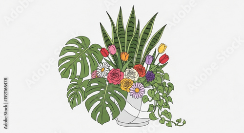 Colorful bouquet of flowers and tropical leaves in white vase on plain background for decoration