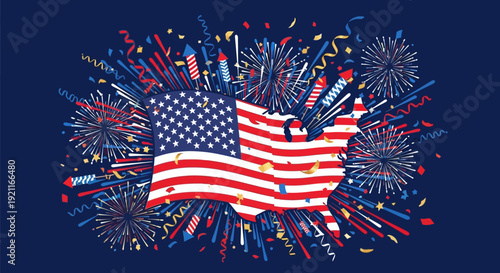 Vibrant American flag surrounded by festive fireworks and patriotic decorations