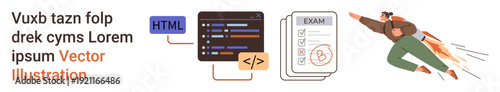 Web development, education, success, creativity, coding, online learning. Code editor with HTML, exam papers superhero character flying. Web development and education