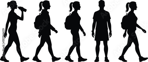 Black silhouettes of people walking in different poses white background exercise