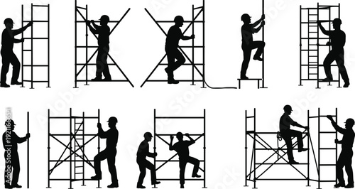 Construction workers silhouettes assembling scaffolding, climbing structures,  safety awareness