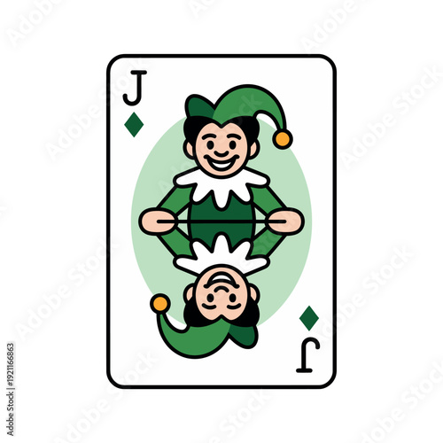 A jack of diamonds playing card features a green-clad jester character.