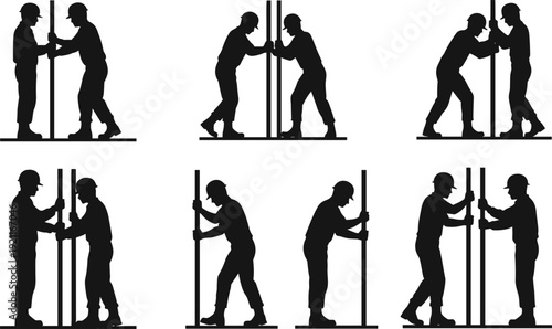 Construction workers silhouettes handling vertical poles, teamwork coordination