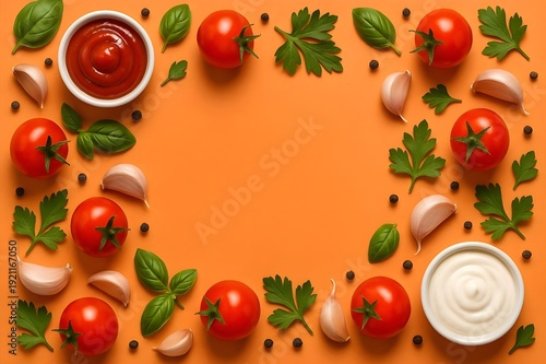 Fresh Vegetables and Sauces on Orange Background