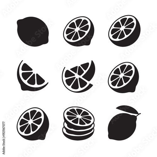 Set of lemon icons, black and white design for citrus fruits and healthy food, refreshing drink ingredients, summer elements