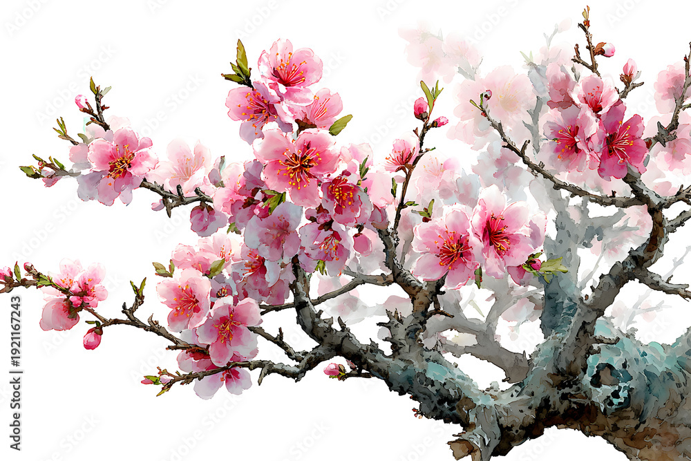 Obraz premium Oriental peach tree branch with vibrant pink flowers watercolor illustration isolated on transparent background perfect for traditional asian art themes and spring season botanical projects