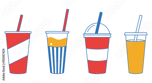 Soda cup line art graphic illustration, simple outline of carbonated drink with straw, modern minimal vector icon for restaurant menus