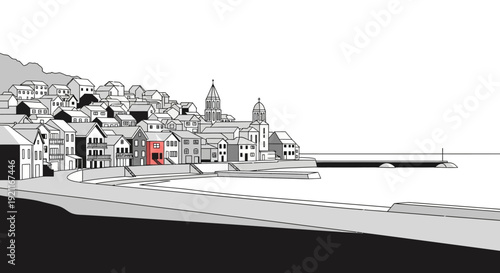 Charming coastal townscape in minimalist monochrome with highlighted red building