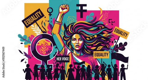 Woman empowering others with raised fist equality symbols and crowd representing feminism and social justice movement