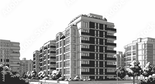 Modern high-rise urban buildings in monochrome style