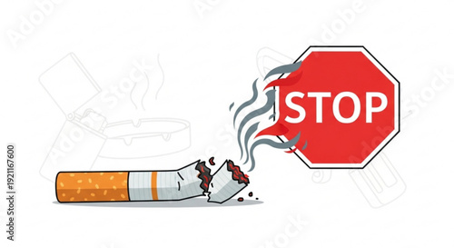 Smoking cessation concept with stop sign and crushed cigarette