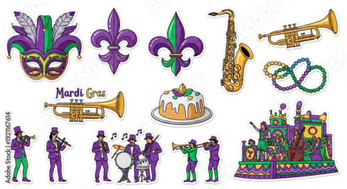 Mardi gras celebration icons with purple and green fleur de lis masks jazz band cake and parade float on white background