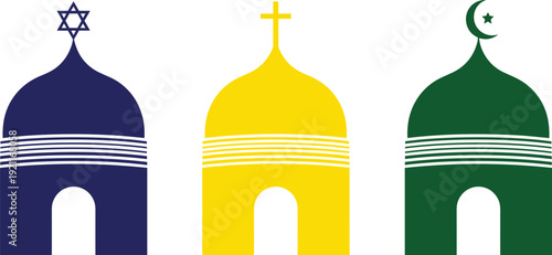 Three religious buildings silhouettes with Star of David Christian cross and Crescent Moon symbols representing Judaism Christianity and Islam for interfaith unity concepts