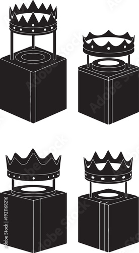Four black crowns on pedestals black and white royalty