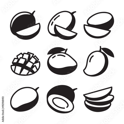 Set of nine mango icons, featuring whole fruits, sliced halves, cubed pieces, and a half with pit, black and white pictogram collection