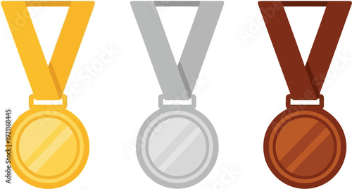 Gold silver and bronze medals with ribbons for first second and third place prize winners
