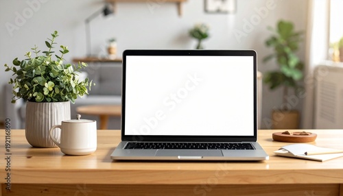 A close-up of a laptop with a white screen on a wooden table, accompanied by decorative items in a cozy living room