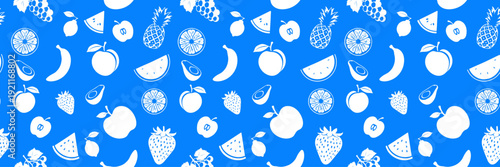 Seamless blue fruit pattern featuring apple, banana, strawberry, pineapple, watermelon and citrus icons in white on bright blue background, flat minimal illustration ideal for textile, fabric