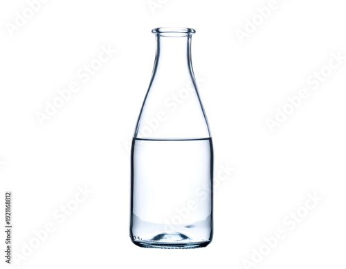 Clear glass bottle filled with water isolated on white background.