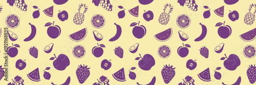 Seamless purple fruit pattern featuring apple, banana, strawberry, pineapple, watermelon and citrus icons on light background, flat minimal illustration ideal for textile, fabric, wallpaper, wrapping 