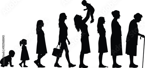 Silhouettes of people in various stages of life from crawling child to elderly human life stages