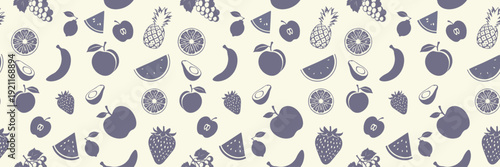 Seamless fruit pattern with apple, pineapple, banana, watermelon and citrus icons, minimal flat food background design, vector illustration