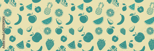 Seamless fruit pattern with apples, bananas, pineapple, watermelon, strawberry, avocado, and citrus in teal on beige background, vector illustration
