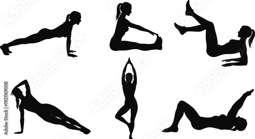 Six black silhouettes of women doing yoga poses fitness exercise