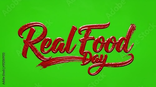 Hand painting the words Real Food Day in bold red glossy 3D letters on a vibrant green screen background with a paintbrush adding the final touches.