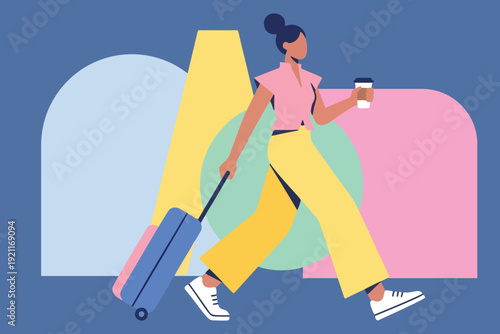 Modern flat illustration of a young woman walking confidently with rolling luggage and coffee. Minimalist geometric background symbolizing travel, career mobility, and contemporary lifestyle.