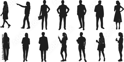 Business women and men silhouettes set, professional people standing, walking, talking and using smartphone isolated black vector collection