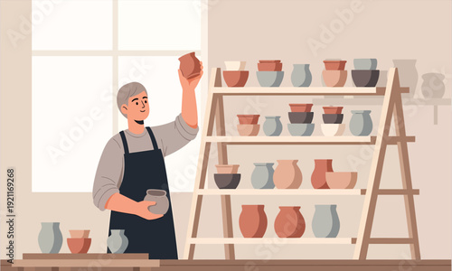 Potter arranging handmade ceramic pots on a shelf