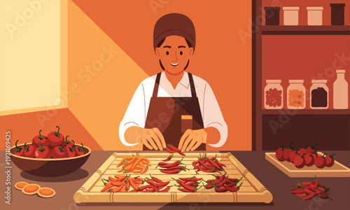 A Person drying chili peppers for food preservation