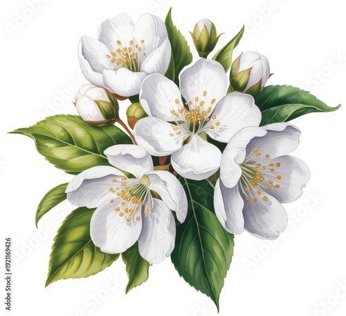 Hand painted white jasmine blossoms with lush green leaves in natural botanical watercolor isolated on white background.