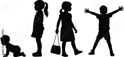 Children growth stages silhouettes from baby to happy kid, black child figures isolated on white background illustration concept