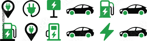Electric vehicle charging stations icons set, electric car symbols, green energy power concept, sustainable transportation